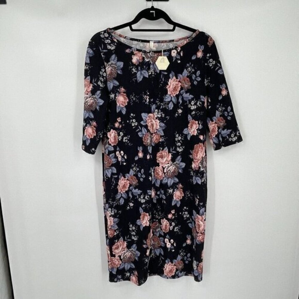 Pinkblush Maternity Dress Large Womens Short Sleeve Blue Floral Sheath Preppy